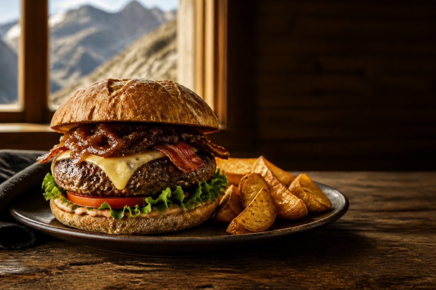 Grimsel Burger mit Alpkäse, Speck und Country Pommes